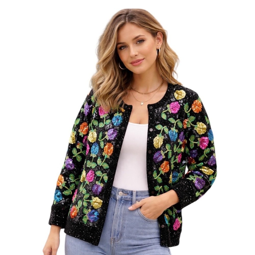 Just B Black Floral Sequin 3/4 Sleeve Sweater S
K